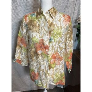 Alfred Dunner Sheer Tan Green Floral Print Short Sleeve Button Up Collar Size 12